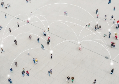 Aerial view of crowd connected by lines 